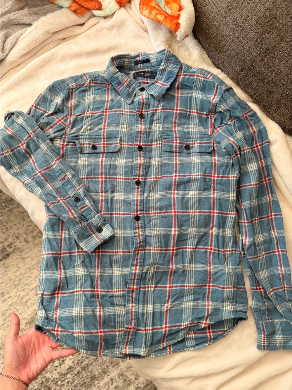 Lucky Brand Teal Plaid Button-Down Shirt with Red Accents
